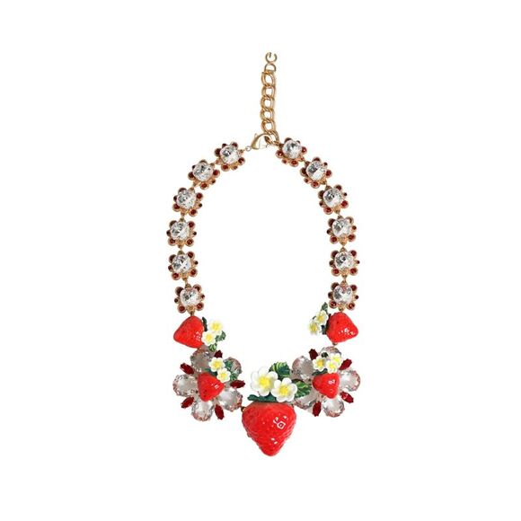 Dolce & Gabbana Gold Brass FRUIT Pendants Flowers Crystal Logo Women's Necklace
